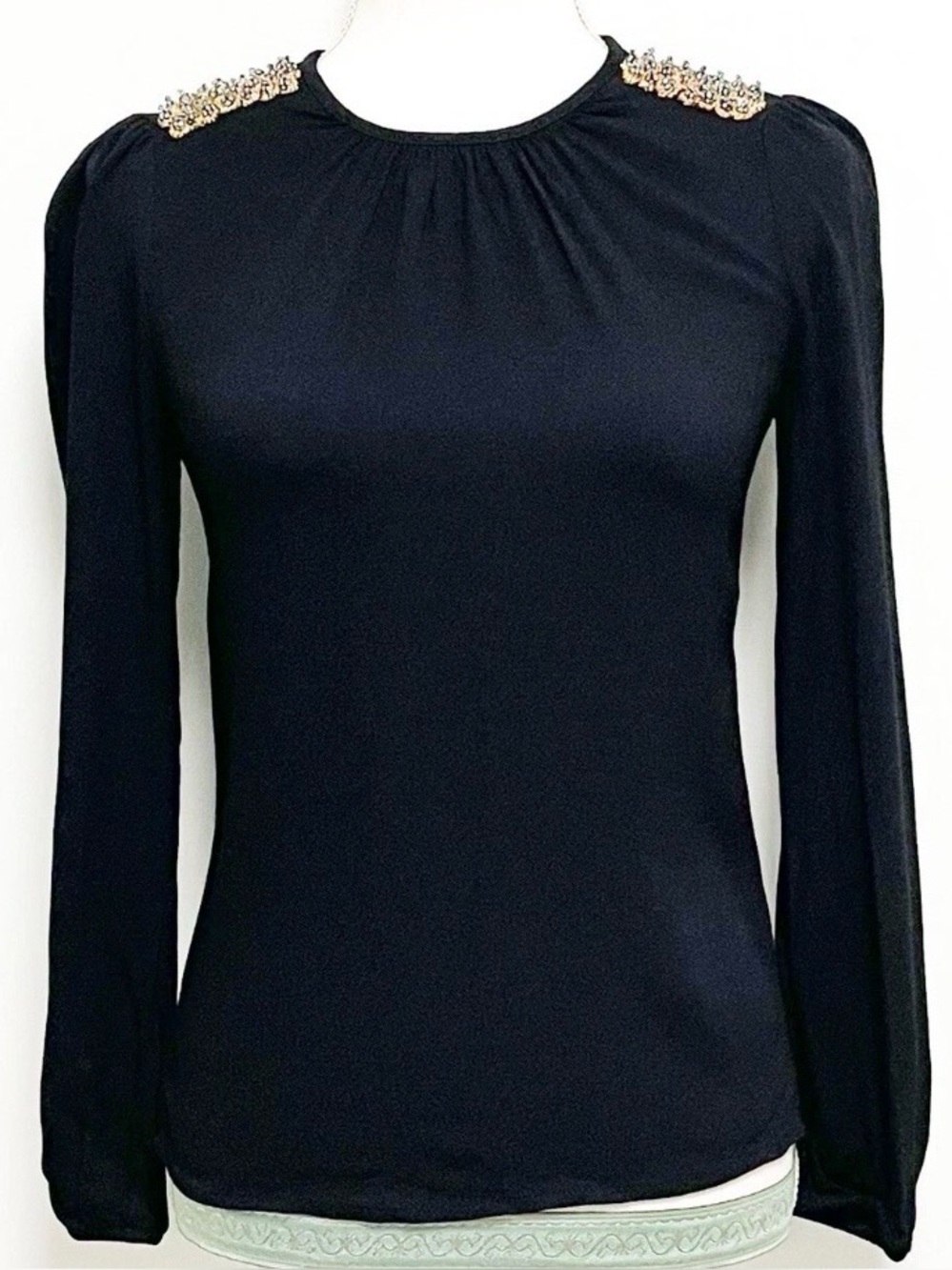 Zara Black Long-Sleeve Top with Gold Shoulder Embellishments